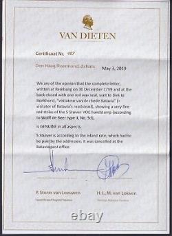 Indes néerlandaises, 1799 VOC 5st Annulation sur la couverture à Batavia, avec certificat de van Dieten
