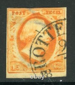 Pays-Bas 1852 Premiers timbres 15¢ Orange Imperf Sc #3 TB obl D824